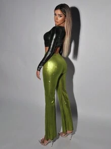 SHEIN ICON Halloween Flare Leg Pants - Lime Green - View 4