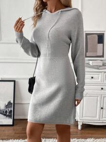 SHEIN Clasi Drop Shoulder Drawstring Hooded Bodycon Sweater Dress - Grey - View 4