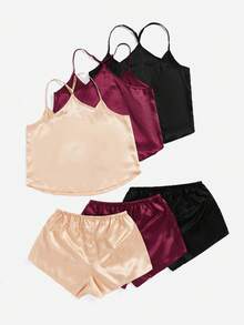 3pcs Chất rắn Xa ten Cami ngọn & 3pcs Quần short Bộ PJ - Nhiều màu - Xem 2