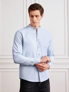 SHEIN Cottnline قميص أمامي بأزرار للرجال بلون واحد - أزرق فاتح اللون - مشاهدة 7