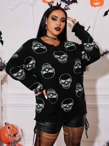 SHEIN EZwear Plus Skull Pattern Drop Shoulder Distressed Sweater