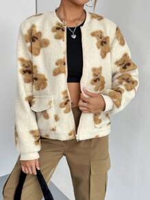 Flirla Bear Pattern Flap Pocket Teddy Bomber Jacket Fall Cloth For Women - White - View 5