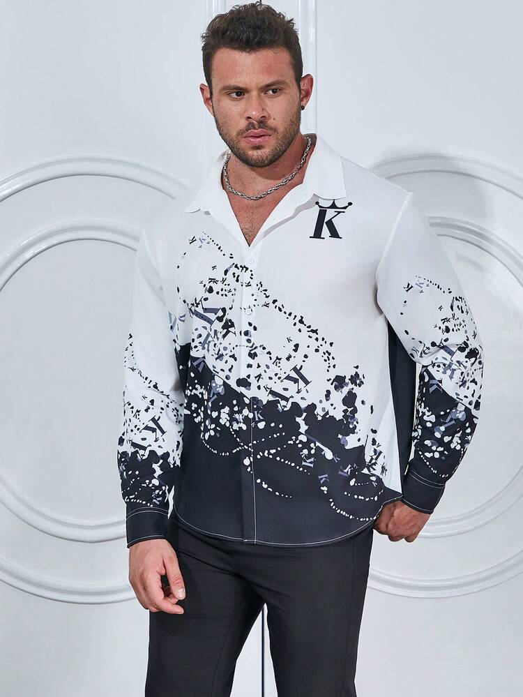 Men Plus Letter Graphic Two Tone Shirt