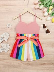 SHEIN Young Girl Colorblock Striped Print Scallop Trim Cami Romper - Dusty Pink - View 1