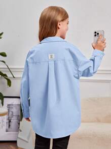 SHEIN Leap Crew 女大童字母貼布落肩袖襯衫 - 淺藍色 - 查看 2