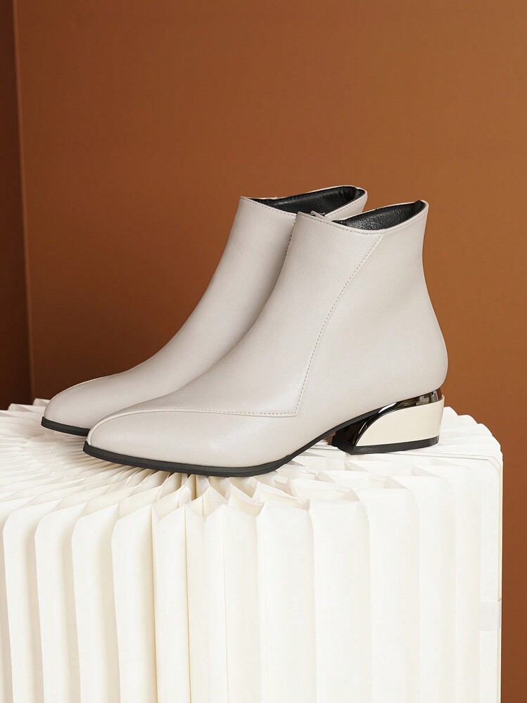 Fall/Winter Women's High-End Beige Leather Patchwork Pointed Toe Metallic Glossy 4cm Chunky Heel Side Zipper Fashionable Sexy Party Short Ankle Chelsea Boots,Boots For Women - Beige - View 2