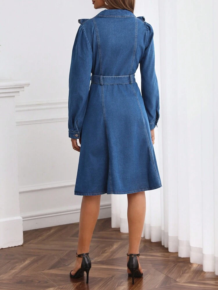 Ruffle Trim Belted Denim Dress Winter Casual