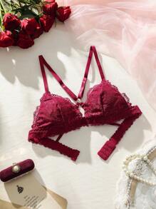 SHEIN Sujetador arnés con encaje floral - Burdeos - Ver 1