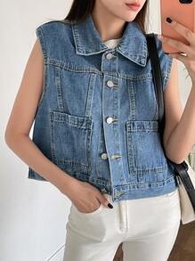 DAZY Flap Pocket Button Front Denim Top - Medium Wash - View 5