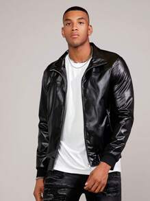 GENTILAND Nam Lỏng lẻo phù hợp chất liệu da PU Dây kéo Áo khoác - màu đen - Xem 3