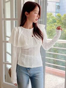 DAZY 素色荷葉邊紋理質感上衣 - 白色 - 查看 3