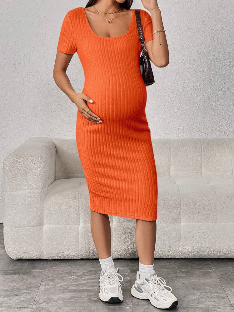 SHEIN Maternity Ribbed Knit Split Hem Dress - Orange - View 3