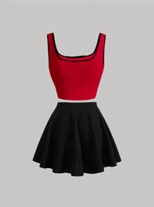 SHEIN MOD Bộ đồ hai mảnh nữ Tương phản ràng buộc Nơ Bướm Pha lê kim cương Khối Màu Giải trí - Đỏ - Xem 2