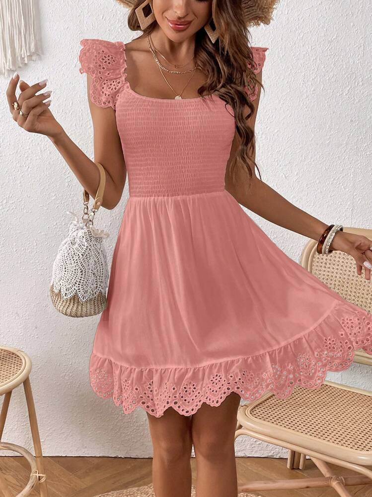 SHEIN VCAY 網眼刺繡打褶荷葉邊洋裝 - 藕粉色 - 查看 6