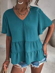 Breezaya Chất rắn Xù Hoa Sen Áo sơ mi - Màu xanh ngọc - Xem 7