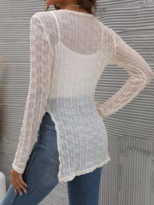 SHEIN Essnce 素色下擺開叉透視網紗上衣不附吊帶上衣 - 米色 - 查看 2