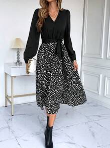 SHEIN Frenchy Dalmatian Print Belted Split Thigh Dress Winter Black Casual - Black - View 5