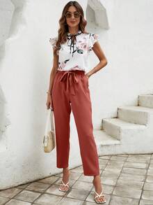 SHEIN Frenchy Floral Print Tie Neck Ruffle Trim Top & Belted Pants - Rust Brown - View 4