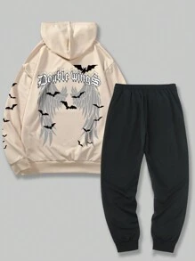 ROMWE MEN Guys Bat Letter Graphic Drawstring Hoodie & Sweatpants - Khaki - View 2