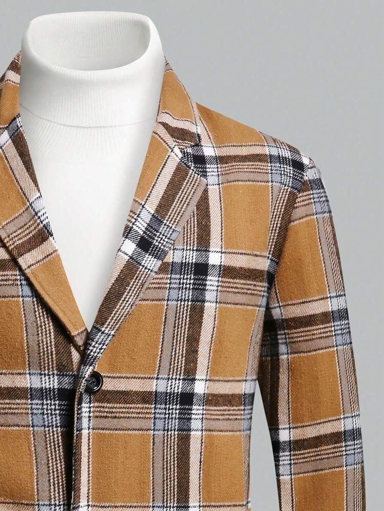Men 1pc Plaid Print Overcoat