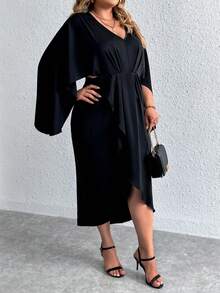 Celure Hơn Chất rắn tay cánh Váy Wrap Hem - màu đen - Xem 5