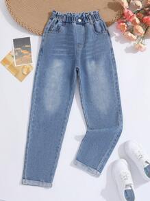 SHEIN 女大童紙袋腰反摺褲腳直筒牛仔褲 - 中等水洗藍 - 查看 1