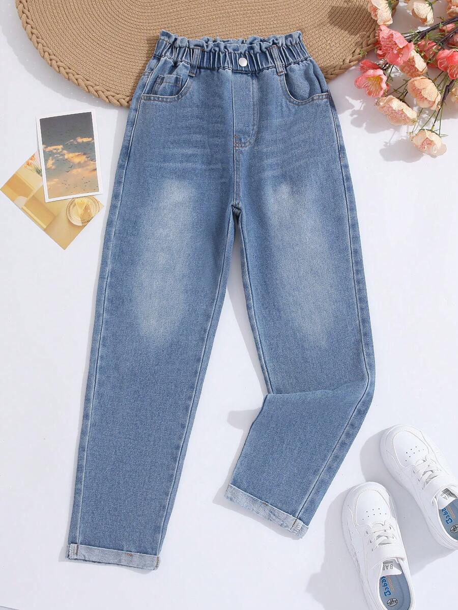 SHEIN 女大童紙袋腰反摺褲腳直筒牛仔褲 - 中等水洗藍 - 查看 1