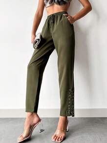 EURMUSE Solid Drawstring Waist Slant Pocket Pants - Army Green - View 4