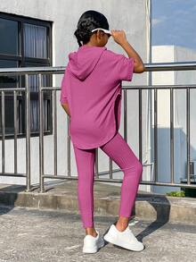 SHEIN Tween Girl Drop Shoulder Split Hem Hooded Tee & Leggings - Purple - View 2