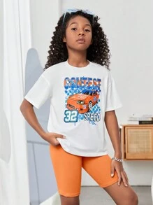 SHEIN Tween Girl Car & Letter Graphic Drop Shoulder Tee & Biker Shorts - Orange - View 4