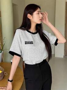 DAZY Patched Detail Contrast Binding Tee - Light Grey - View 6