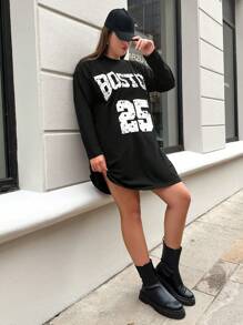 RueChic Plus Letter Graphic Drop Shoulder Dress - Black - View 4