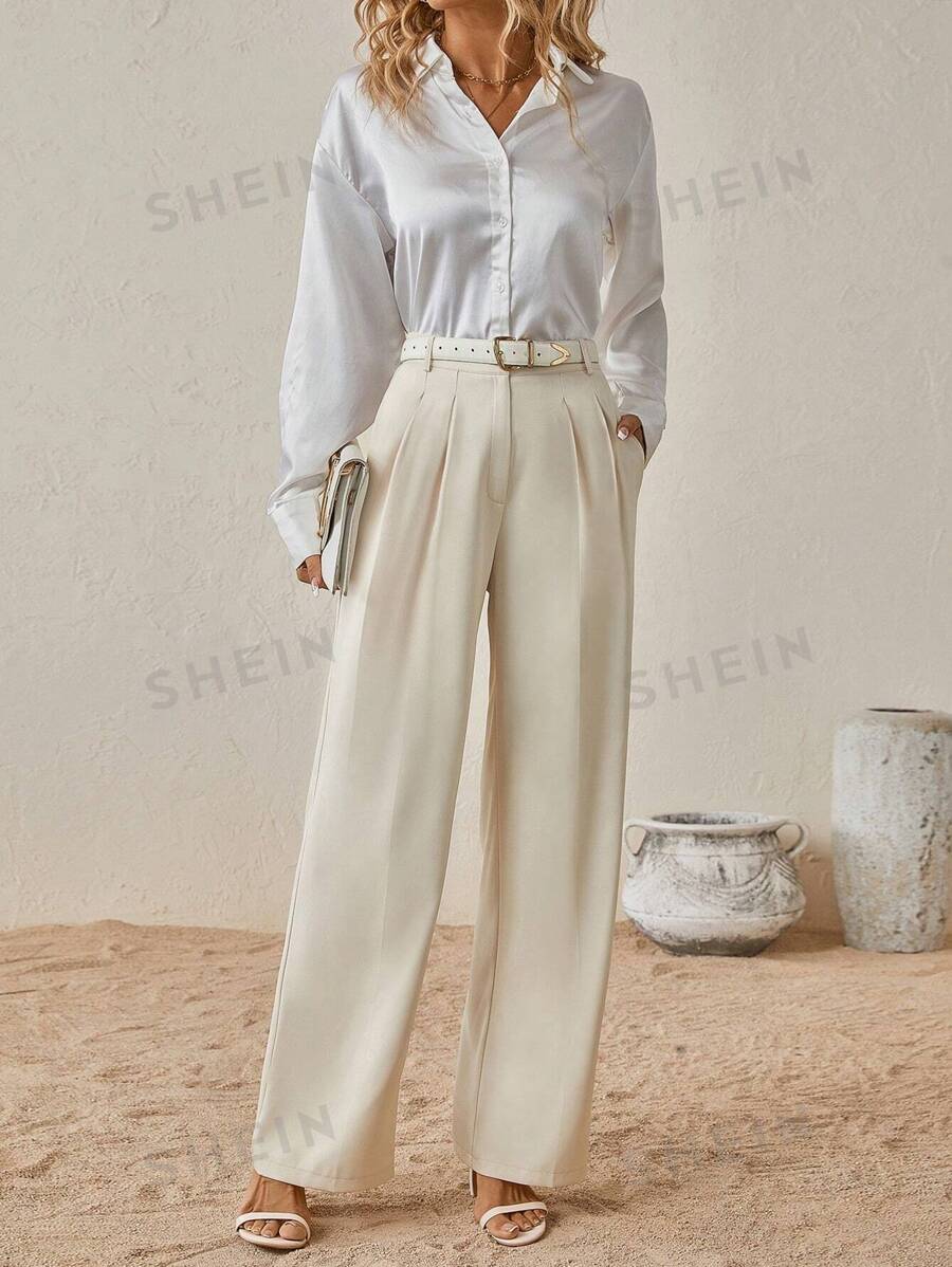 SHEIN Clasi Solid Slant Pocket Wide Leg Suit Pants SHEIN USA