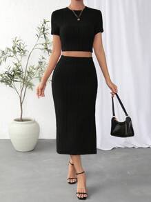 SHEIN Essnce unicolor Camiseta crop & de muslo con abertura Falda - Negro - Ver 4