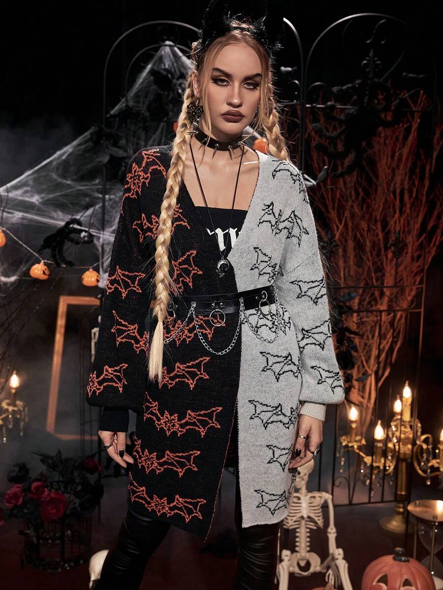 PUNK Áo khoác cardigan trễ vai họa tiết dơi hai tông màu Halloween không kèm thắt lưng - Nhiều màu - Xem 1