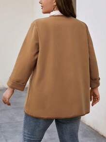 SHEIN LUNE 大碼撞色滾邊開門襟花呢外套 - 棕色 - 查看 2