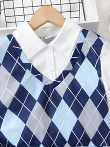 SHEIN 女大童菱形印花假兩件襯衫&百褶半身裙 - 彩色 - 查看 3