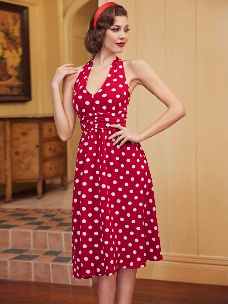 Red Heart Dress Vintamour Women's Polka Dot Halter Neck Swing Dress SHEIN