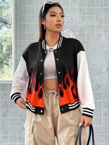 Flirla Plus Fire Print Striped Trim Drop Shoulder Varsity Jacket - Multicolor - View 4