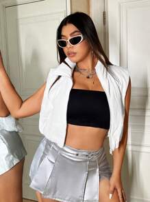 SHEIN MOOSTA Plus Zip Up Crop Vest Padded Padded Coat Clothes Winter - White - View 1