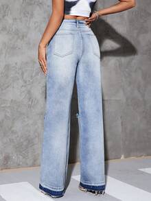 SHEIN Essnce Ripped Straight Leg Jeans - Medium Wash - View 2