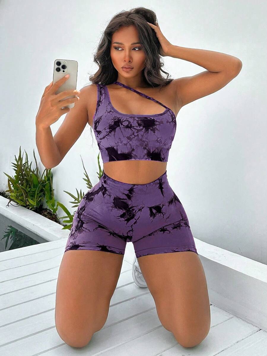 Yoga Trendy 紮染單肩運動套裝 - 紫色 - 查看 1