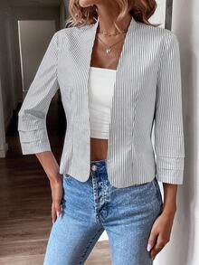 SHEIN Frenchy 條紋印花開門襟西裝外套 - 黑與白 - 查看 5