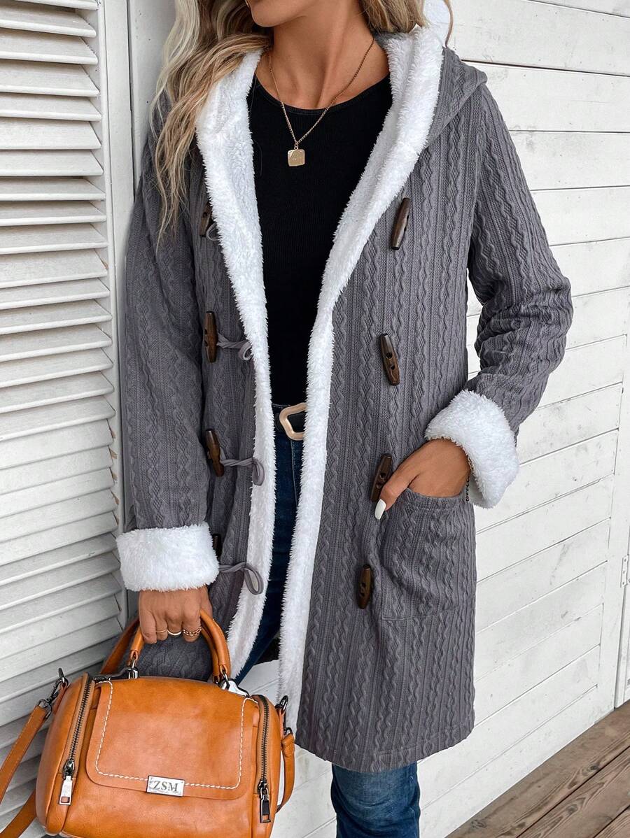 SHEIN LUNE Dual Pocket Teddy Lined Hooded Coat - Khaki - View 1