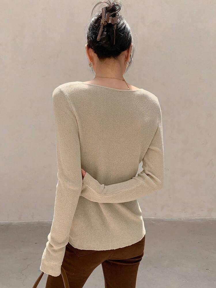 Notched Neck Split Hem Sweater Fall