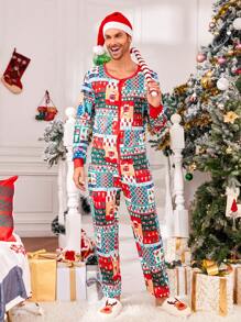 Men Christmas Print Zip Up Sleep Jumpsuit for Christmas - Multicolor - View 5
