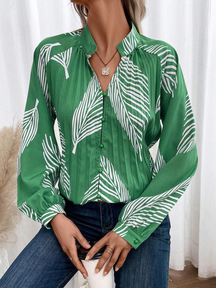 Tropical Print Notched Neckline Lantern Sleeve Blouse