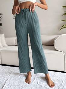 RueChic Pantalones de dormir de cintura con nudo tejido de canalé - Verde Oscuro - Ver 4