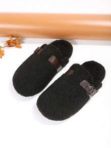 Dép xỏ ngón đế dày, mũi kín, mềm mại cho nữ, phong cách cổ điển có lót, ấm áp cho mùa thu/đông 2024 phiên bản Hàn Quốc mới - màu đen - Xem 4