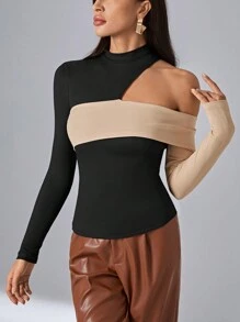 Firerie Camiseta de color combinado de cuello asimétrico - Negro - Ver 6